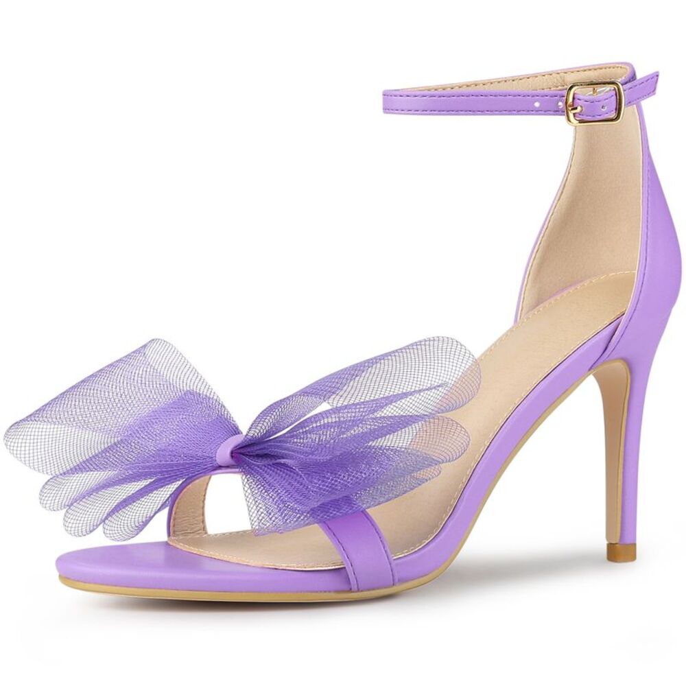 Open Toe High Heels Ankle Strap Bow Tie Stiletto Heel Sandals Purple
